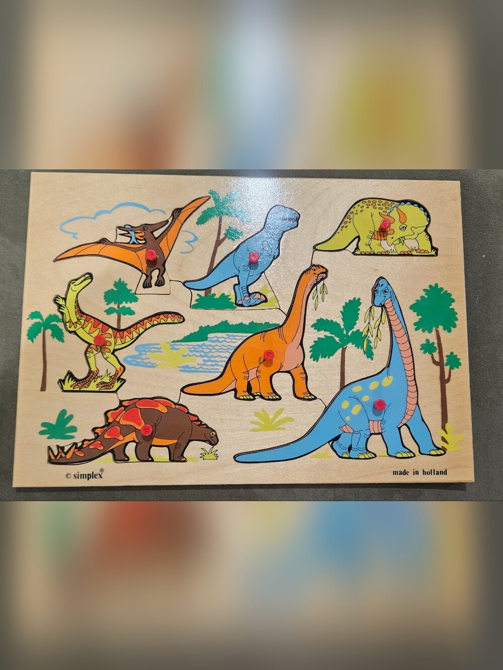 Vintage Simplex Wooden Dinosaur Peg Puzzle Made in Holland